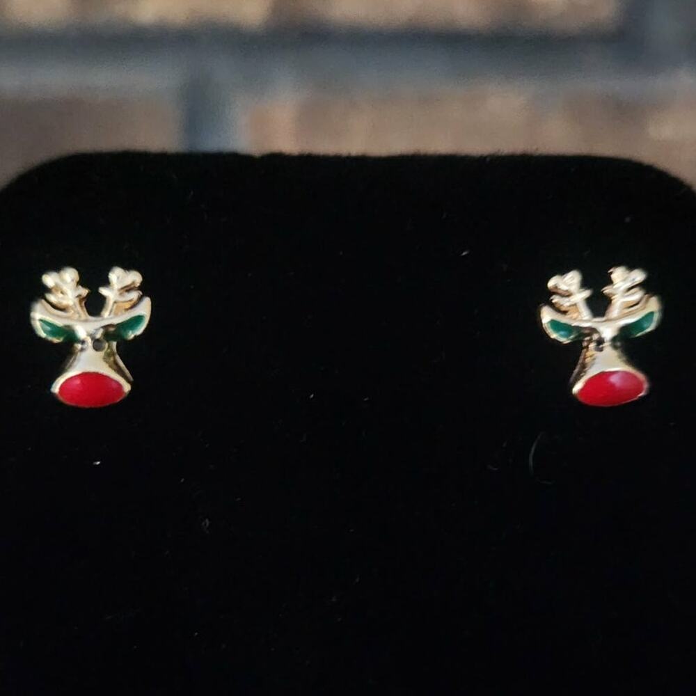 Gold Tone Reindeer Stud Earrings With Red Nose